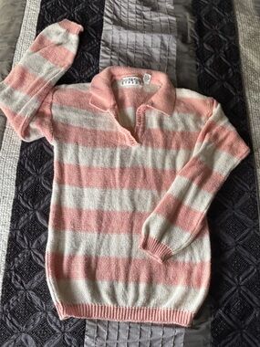 80s Vintage Striped Pink and White Collared Women's Sweater